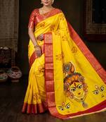Yellow Color  Digital printing Durga Pooja Work Silk Saree