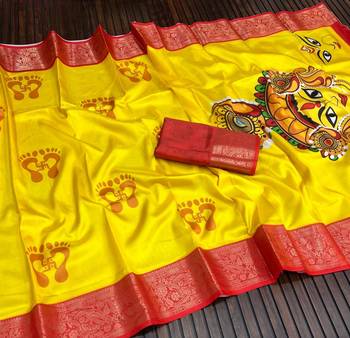 Yellow Color  Digital printing Durga Pooja Work Silk Saree 2