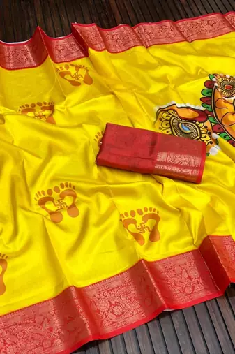 Yellow Color  Digital printing Durga Pooja Work Silk Saree