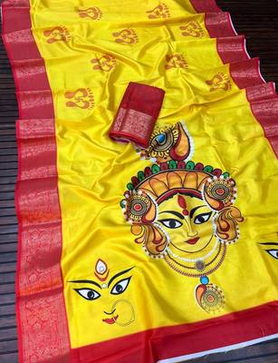 Yellow Color  Digital printing Durga Pooja Work Silk Saree 3