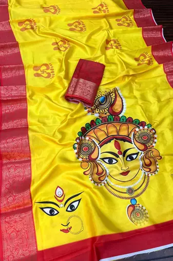Yellow Color  Digital printing Durga Pooja Work Silk Saree