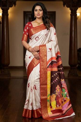 White Color  Digital printing Durga Pooja Work Silk Saree