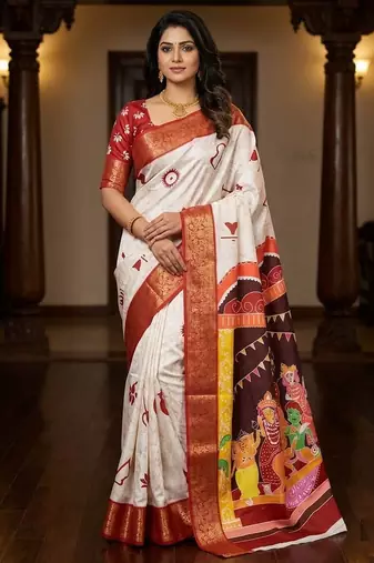 White Color  Digital printing Durga Pooja Work Silk Saree