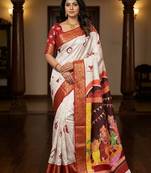 White Color  Digital printing Durga Pooja Work Silk Saree