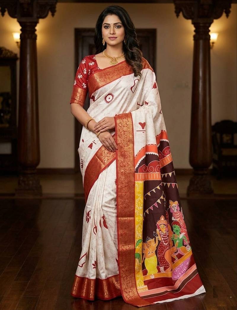 White Color  Digital printing Durga Pooja Work Silk Saree