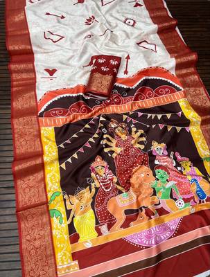 White Color  Digital printing Durga Pooja Work Silk Saree 2