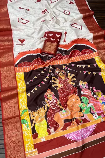 White Color  Digital printing Durga Pooja Work Silk Saree