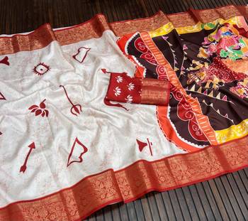 White Color  Digital printing Durga Pooja Work Silk Saree 3