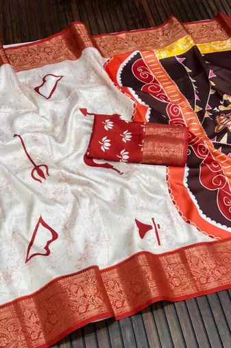 White Color  Digital printing Durga Pooja Work Silk Saree