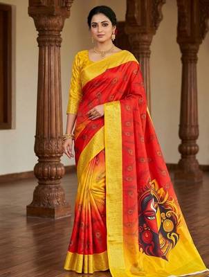 Red Color  Digital printing Durga Pooja Work Silk Saree 1