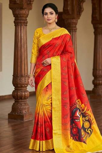 Red Color  Digital printing Durga Pooja Work Silk Saree