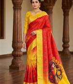 Red Color  Digital printing Durga Pooja Work Silk Saree