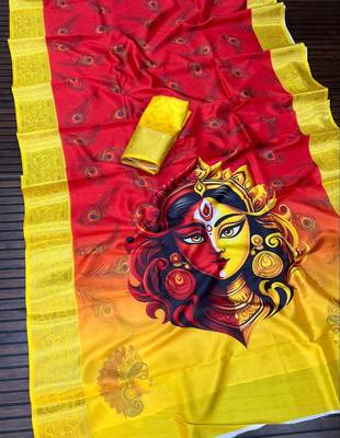 Red Color  Digital printing Durga Pooja Work Silk Saree 2