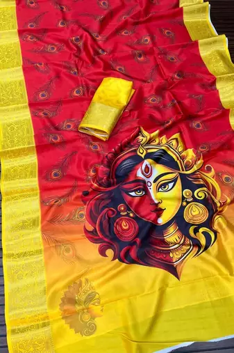 Red Color  Digital printing Durga Pooja Work Silk Saree