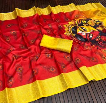 Red Color  Digital printing Durga Pooja Work Silk Saree 3