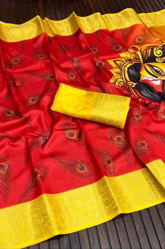 Red Color  Digital printing Durga Pooja Work Silk Saree