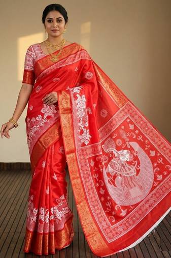 Red Color  Digital printing Durga Pooja Work Silk Saree