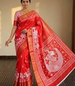 Red Color  Digital printing Durga Pooja Work Silk Saree