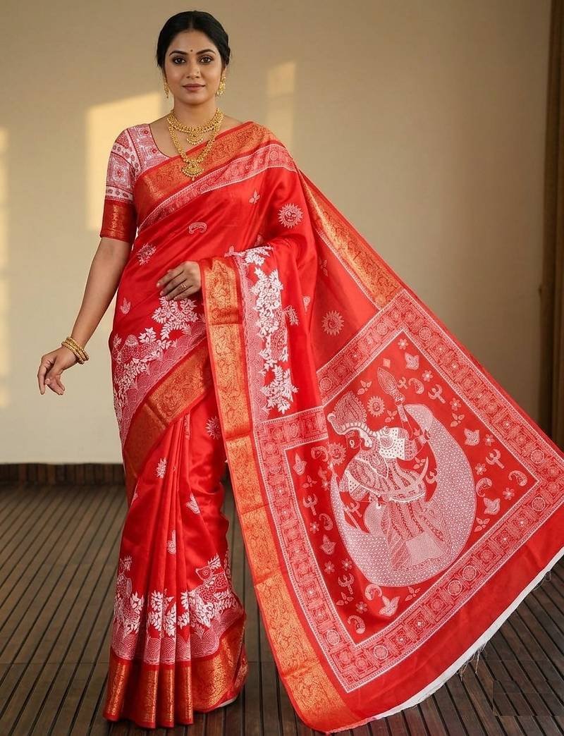 Red Color  Digital printing Durga Pooja Work Silk Saree
