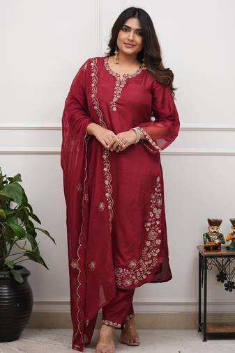 Royal maroon chanderi silk set with scalloped organza dupatta