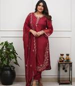 Royal maroon chanderi silk set with scalloped organza dupatta
