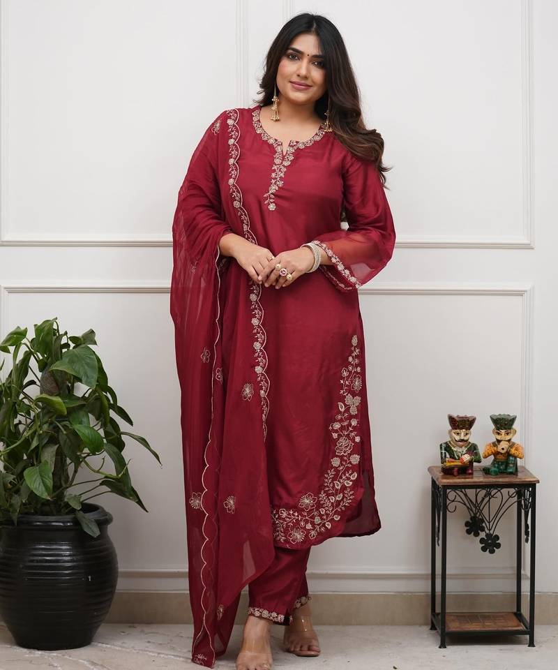 Royal maroon chanderi silk set with scalloped organza dupatta