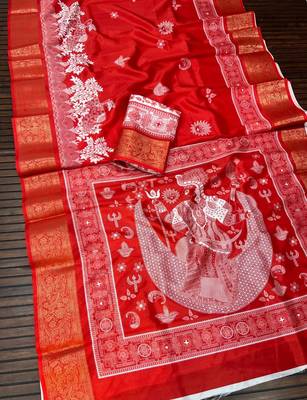 Red Color  Digital printing Durga Pooja Work Silk Saree 2