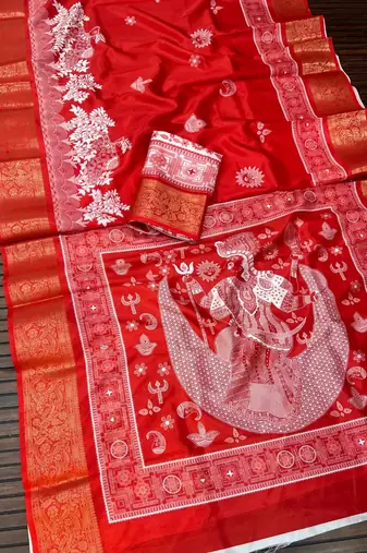 Red Color  Digital printing Durga Pooja Work Silk Saree