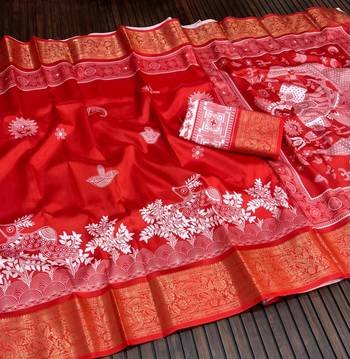 Red Color  Digital printing Durga Pooja Work Silk Saree 3