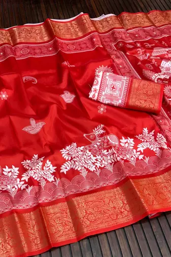 Red Color  Digital printing Durga Pooja Work Silk Saree
