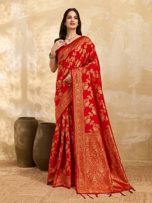 Jacquard Silk Woven Zari Work Red Traditional Ethnic Wear Saree With Unstitch Blouse Piece 1
