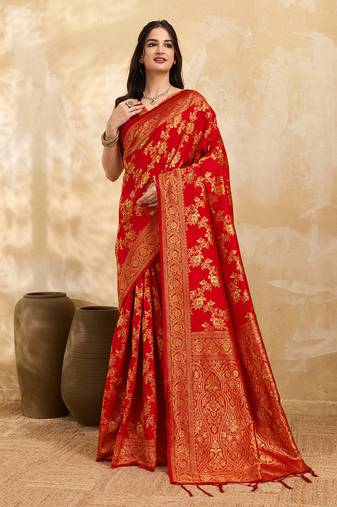 Jacquard Silk Woven Zari Work Red Traditional Ethnic Wear Saree With Unstitch Blouse Piece