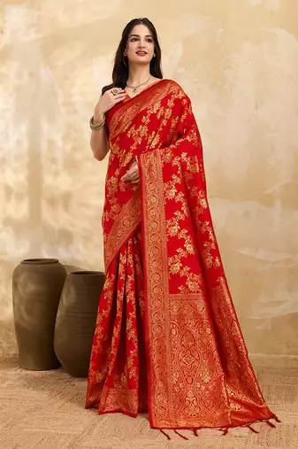 Jacquard Silk Woven Zari Work Red Traditional Ethnic Wear Saree With Unstitch Blouse Piece