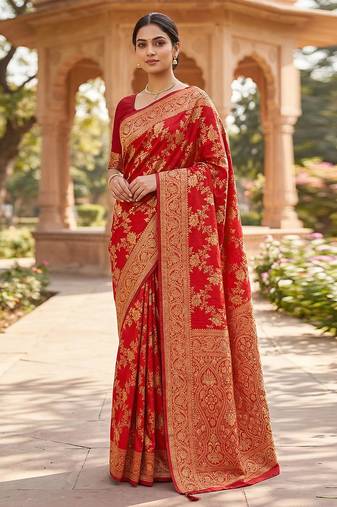 Jacquard Silk Woven Zari Work Red Traditional Ethnic Wear Saree With Unstitch Blouse Piece