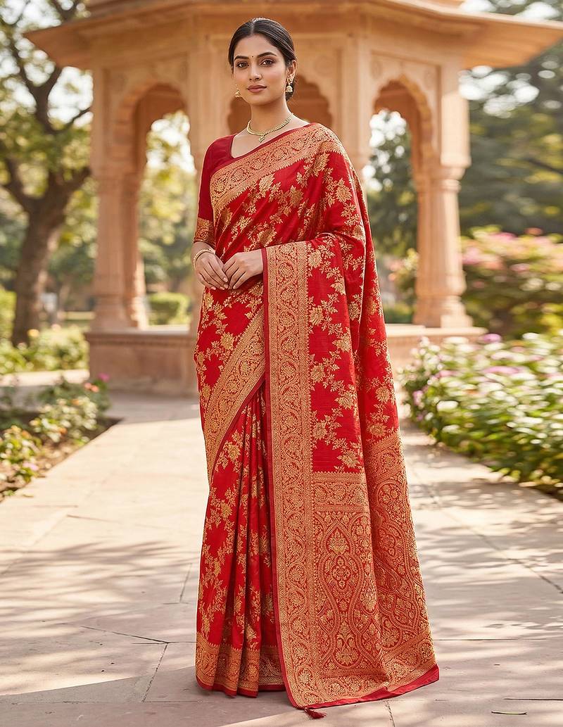 Jacquard Silk Woven Zari Work Red Traditional Ethnic Wear Saree With Unstitch Blouse Piece