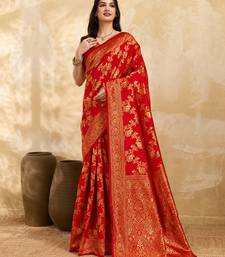 Jacquard Silk Woven Zari Work Red Traditional Ethnic Wear Saree With Unstitch Blouse Piece