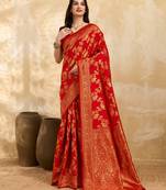 Jacquard Silk Woven Zari Work Red Traditional Ethnic Wear Saree With Unstitch Blouse Piece