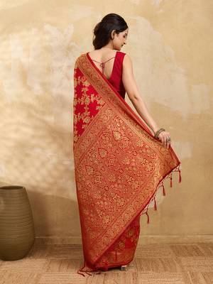 Jacquard Silk Woven Zari Work Red Traditional Ethnic Wear Saree With Unstitch Blouse Piece 2