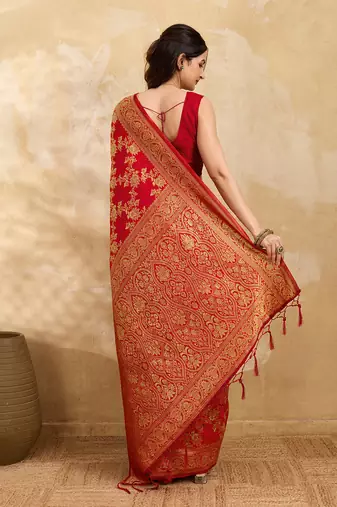 Jacquard Silk Woven Zari Work Red Traditional Ethnic Wear Saree With Unstitch Blouse Piece
