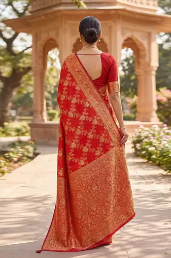 Jacquard Silk Woven Zari Work Red Traditional Ethnic Wear Saree With Unstitch Blouse Piece