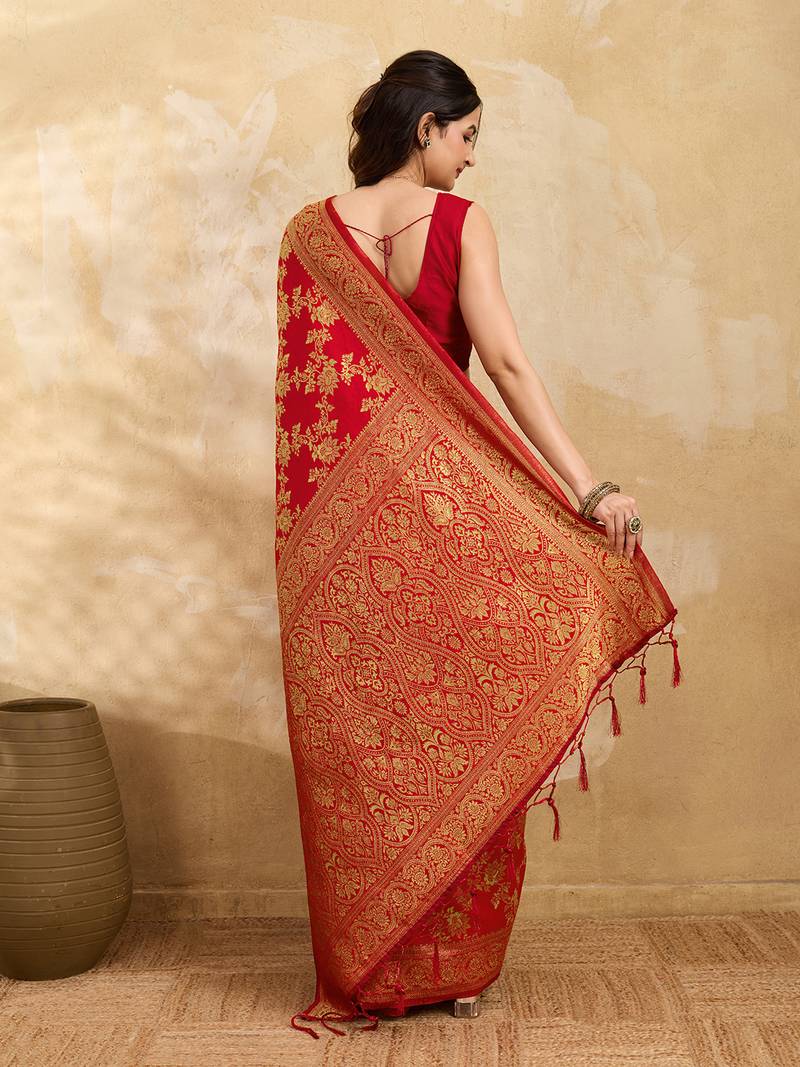 Jacquard Silk Woven Zari Work Red Traditional Ethnic Wear Saree With Unstitch Blouse Piece