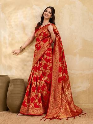 Jacquard Silk Woven Zari Work Red Traditional Ethnic Wear Saree With Unstitch Blouse Piece 3