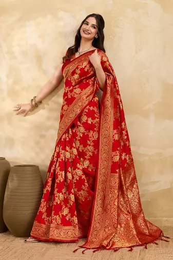 Jacquard Silk Woven Zari Work Red Traditional Ethnic Wear Saree With Unstitch Blouse Piece