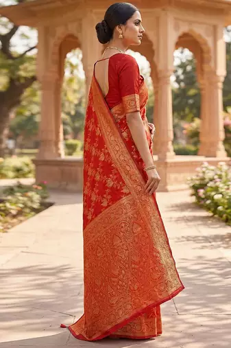 Jacquard Silk Woven Zari Work Red Traditional Ethnic Wear Saree With Unstitch Blouse Piece