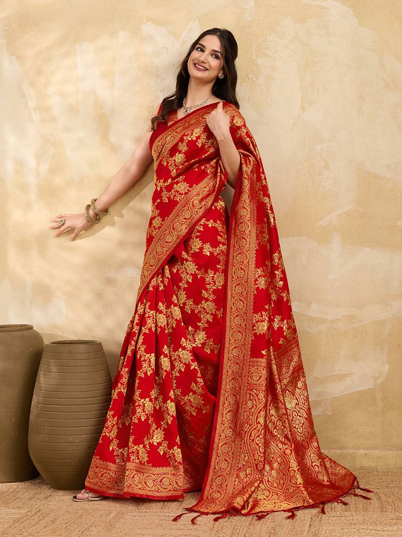 Jacquard Silk Woven Zari Work Red Traditional Ethnic Wear Saree With Unstitch Blouse Piece