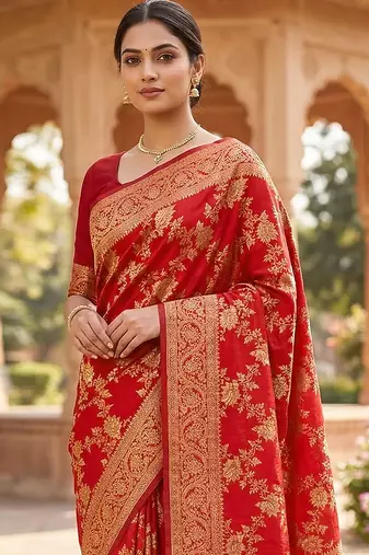 Jacquard Silk Woven Zari Work Red Traditional Ethnic Wear Saree With Unstitch Blouse Piece