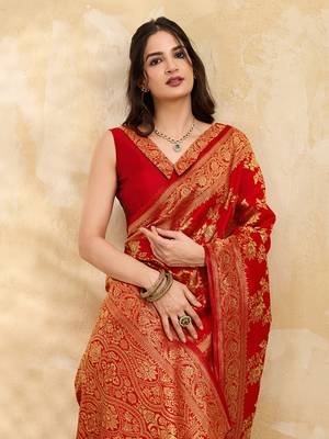 Jacquard Silk Woven Zari Work Red Traditional Ethnic Wear Saree With Unstitch Blouse Piece 4