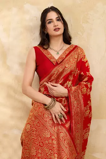 Jacquard Silk Woven Zari Work Red Traditional Ethnic Wear Saree With Unstitch Blouse Piece
