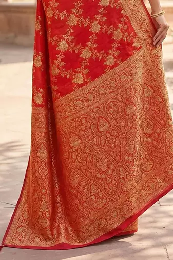 Jacquard Silk Woven Zari Work Red Traditional Ethnic Wear Saree With Unstitch Blouse Piece