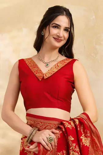 Jacquard Silk Woven Zari Work Red Traditional Ethnic Wear Saree With Unstitch Blouse Piece